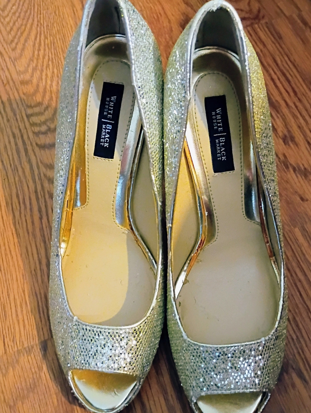 White House Black Market Gold Glitter Peep-Toe Pumps